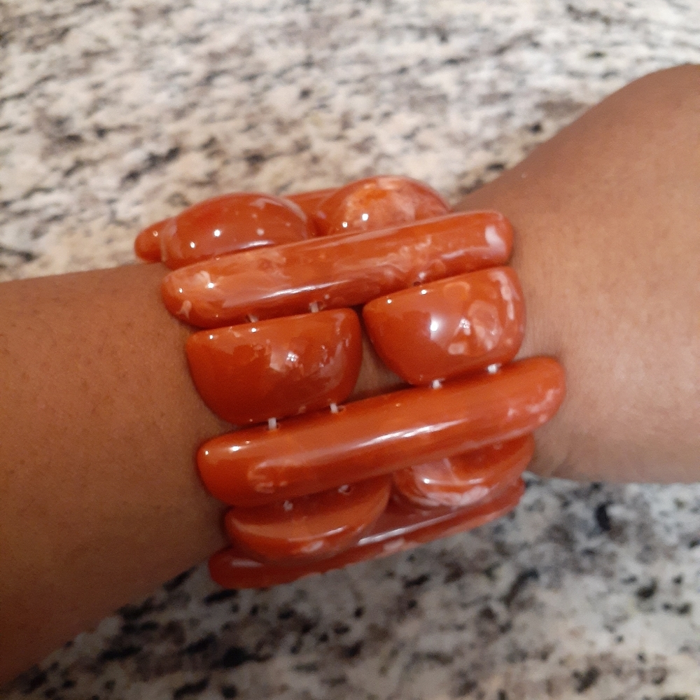 Coral Marble Look Faux Stone Chunky Stretch Bracelet NWOT